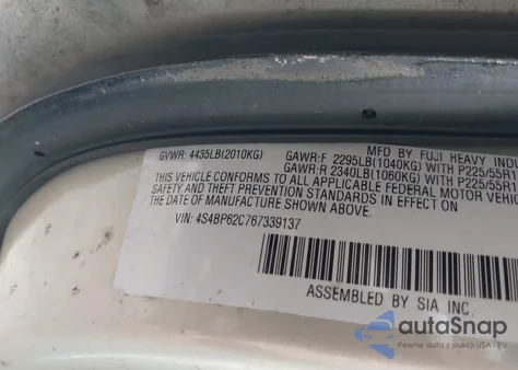 2006 Subaru Outback 2.5I Limited z USA, uszkodzony, nr VIN 4S4BP62C767339137